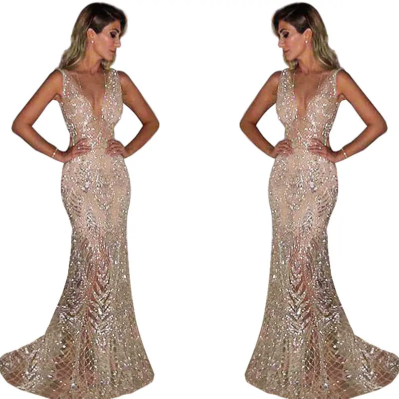 Luxurious Sparkling Prom Dress V Neck Perspective Sequins Mermaid Evening Dress Party Dress Performance Clothing