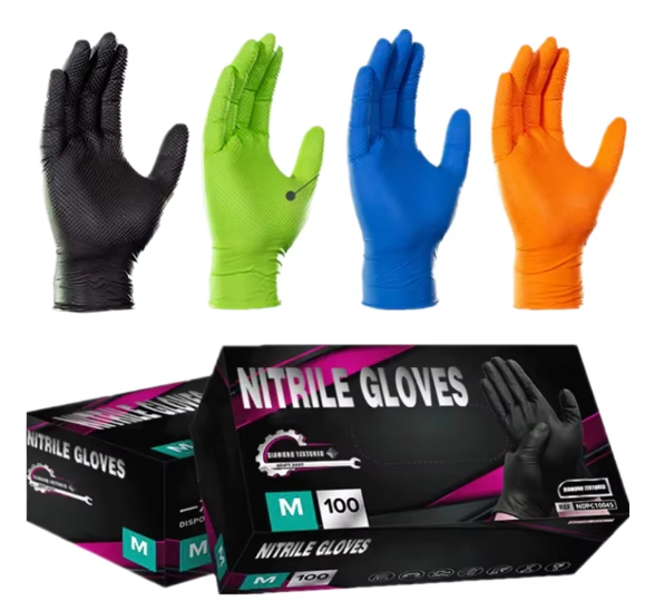 100pcs/Box Industry 8 Mil Mechanic Diamond Texture Grip Food Service Cleaning Heavy Duty Pure Nitrile Glove Disposable Gloves