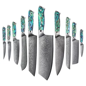 ダマスカス鋼包丁セット日本の三徳ナキリシェフナイフアワビ殻ハンドル付きピールナイフ