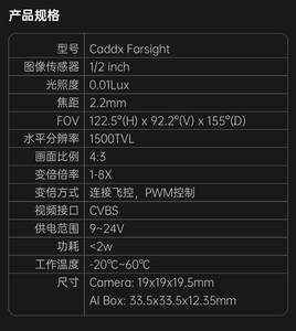 กล้อง CADDX Farsight 1500TVL <span class=keywords><strong>1</strong></span>/2 นิ้ว 0.01Lux AI ซูม 8 เท่า แบบอนาล็อก FPV มุมมอง 155 องศา 2.2 มม. 19x19 มม. 9-24V CVBS PWM สำหรับโดรน FPV - Product Image 6