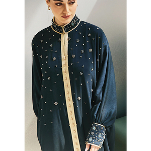 LEDUO Luxury Party <b>Eid</b> Formal Wear Dark Blue High Neck Hand Beaded Embroidery Abaya - Product Image 1