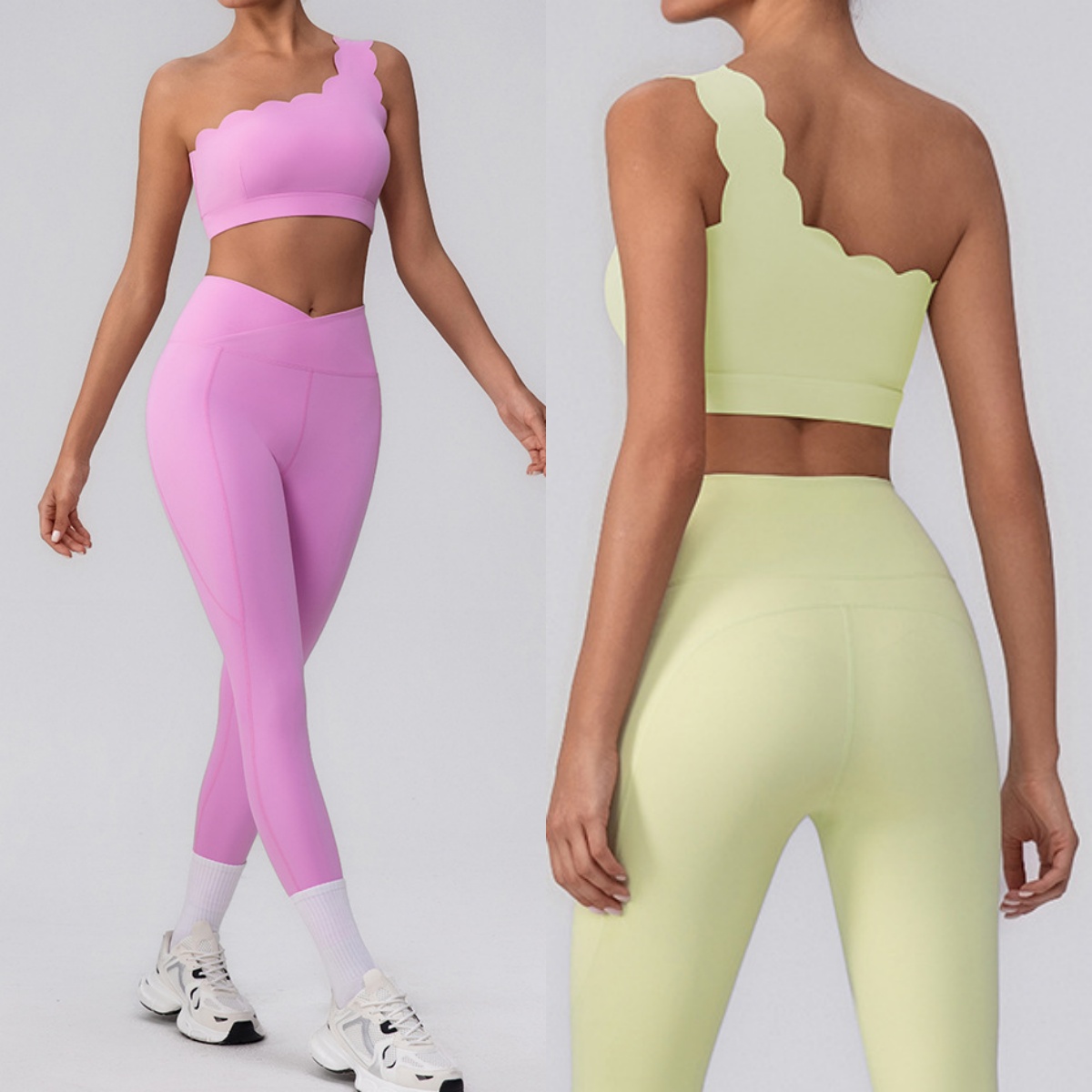 Women's Yoga Sets High Stretch Scalloped One Shoulder Sports Bra & High Waist Leggings Gym Activewear Custom Casual Activewear