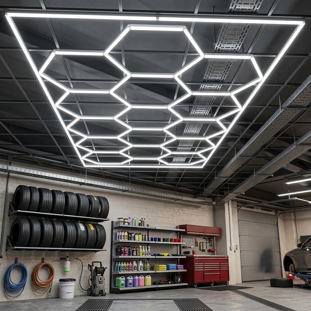 Factory Sales High Temperature Resistance Dimmable Honeycomb Work Light Hex Lighting for Garage Showroom Workshop 15 Grid System