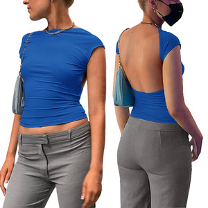 New Summer Backless <b>Top</b>, Tight Short Sleeve Crop <b>Top</b>, <b>Mock</b> <b>Neck</b> Solid Color Sexy Y2K Women's T-Shirt for European & American - Product Image 3