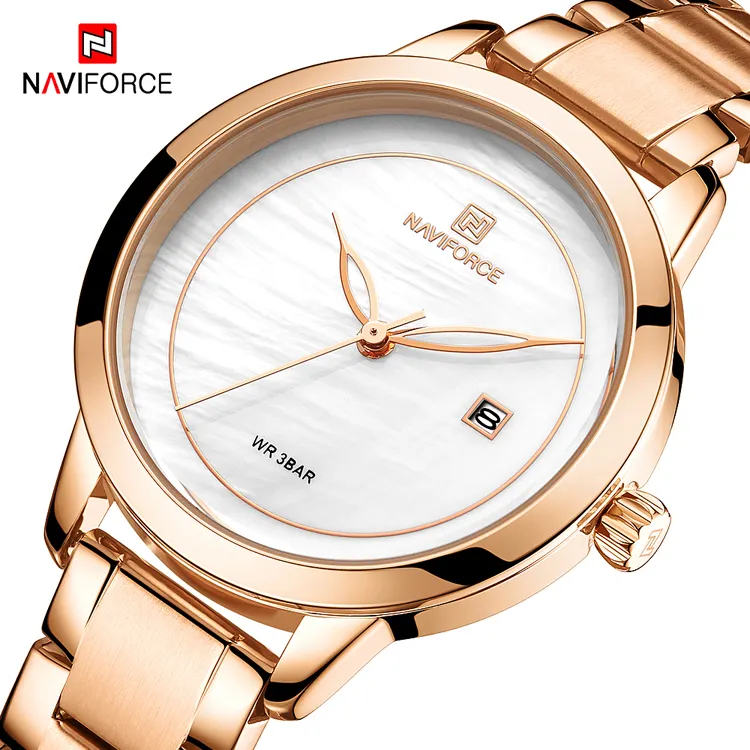 NAVIFORCE Jam Tangan Wanita, Jam Tangan Mode Wanita Rose Gold Reloj Mujer 5008 Relogio Feminino, Jam Tangan Tahan Air untuk Perempuan