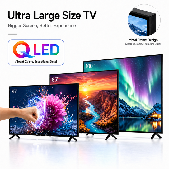 85 100 Inch 4K QLED Smart TV Tempered Glass Metal Frame Large Screen Television for Hotel Public and Commercial Use