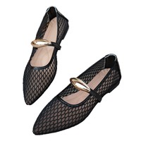 Sepatu Flat Wanita Model Baru Musim Panas 2026 Gaya Balet, Berbahan Mesh Transparan, Bernapas, Sol Lembut, Ujung Runcing, Kancing Tunggal