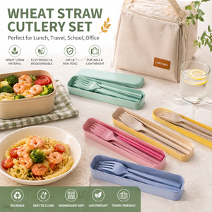 Ensemble de couverts portables en paille de blé, écologiques, réutilisables, cuillère, fourchette, baguettes, vaisselle de voyage avec étui, sans BPA - Product Image 5