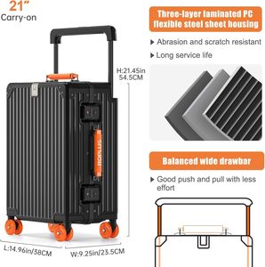 Valise à roulettes rigide sans fermeture éclair avec cadre en aluminium, roues souples en gel, serrure TSA (NoirOrange 21 pouces) - Product Image 2