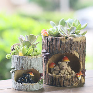 ROOGO Decorativo Rústico Árvore Casa Fairy Story Jardim <span class=keywords><strong>Stump</strong></span> Planter Animal Miniatura Resina Suculento Bonsai Pots Casa e jardinagem - Product Image 5
