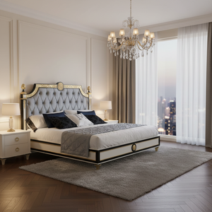 Cama King Size de Lujo Tapizada con Detalles en Dorado, Estructura de Madera de Caoba Sólida, Estilo Clásico Moderno para Uso en Hoteles y Apartamentos - Product Image 5