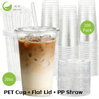 ZF CUP Lot de 100 Gobelets transparents personnalisables pour café glacé, boissons, bubble tea, limonade froide, eau, gobelets boba hauts avec couvercles et pailles