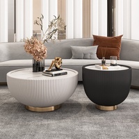 Ensemble de table basse ronde moderne minimaliste de luxe léger avec plateau en quartzite et cadre en cuir pour petits appartements et salons