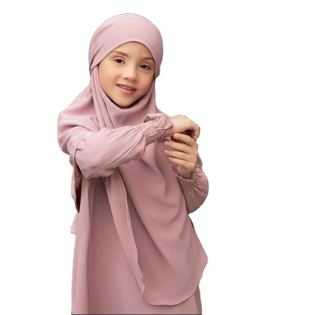 New Arrival Wholesale Long Jilbab Islamic Clothing Kaftan Long Hijab Modest Kids Abaya Muslim Solid Prayer Dress Abaya Set
