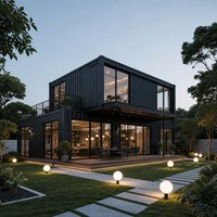 Maison mobile moderne en acier avec plan à deux étages, terrasses extérieures et grande façade vitrée