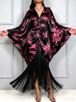 Robe Boubou Chic en Satin Imprimé pour Femme, Col en V, Manches Chauve-Souris, Ourlet à Franges, Kaftan Ample, Robes de Soirée Africaines pour Fêtes, Mariages et Festivals