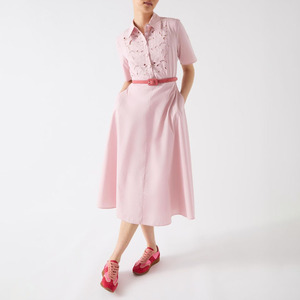 Vestido acampanado de algodón rosa OEM a la moda Vestido camisero bordado con ojales de algodón de primera calidad vestido Midi informal con solapa y botones y cinturón - Product Image 1