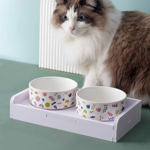 Bol en céramique personnalisé pour chat, double bol, support pour le cou, antidérapant, anti-renversement, anti-fuite, design arrondi pour chats - Product Image 2