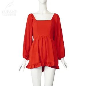YuFan özelleştirilmiş kırmızı kısa etek bayanlar zarif uzun kollu elbise rahat giyim üretici