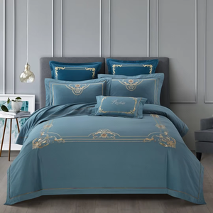 Juego de Ropa de Cama al <span class=keywords><strong>por</strong></span> <span class=keywords><strong>Mayor</strong></span>, 100S, 300 Hilos, Bordado Floral Dorado, Estilo Pastoral, Funda de Edredón 100% <span class=keywords><strong>Algodón</strong></span> <span class=keywords><strong>Pima</strong></span>, Verde, Personalizable - Product Image 1