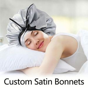 Gorro de Dormir de Seda Satinada con Logotipo Personalizado para Mujer, Gorro Reversible con Banda para Atar el Cabello Rizado - Product Image 4