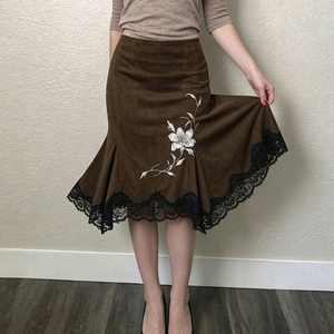 Falda Midi Asimétrica Floral Vintage Marrón para Mujer, con Ribete de Encaje, Fruncida, Corte en A, Transpirable y Ecológica para Verano - Product Image 2