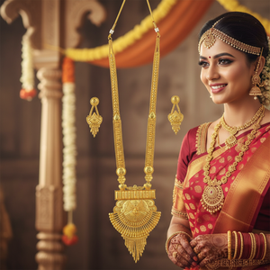 18K <b>Gold</b> Plated Brass South Indian Temple Long Haram Necklace Earrings <b>Set</b> Bridal Engagement Party Wedding Anniversary Jewelry - Product Image 3