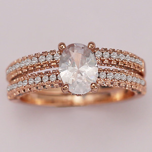 Women's <b>Rose</b> <b>Gold</b> Oval Four Prong Copper Romantic Engagement Style Couple Ring <b>Set</b> - Product Image 2