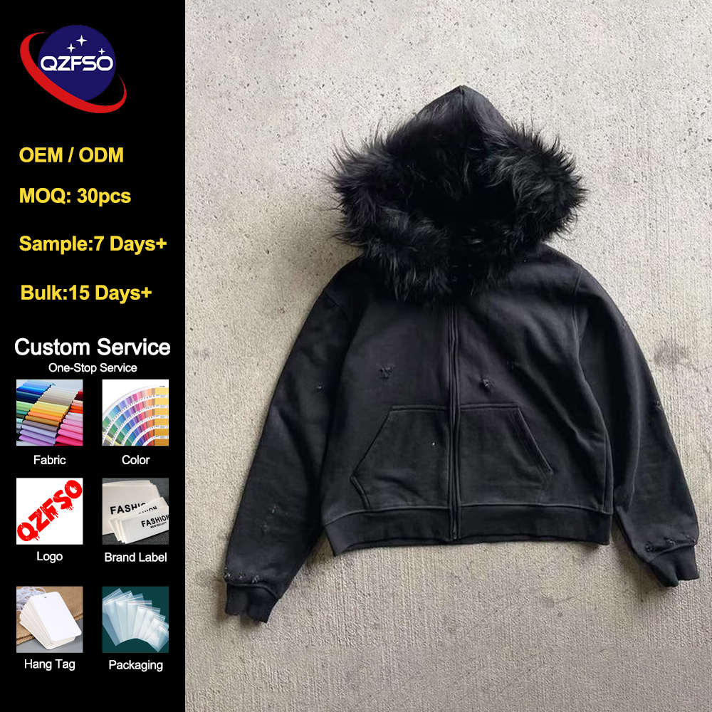 QZFSO Manufacturer Fleece Hoodie With Fur Hood Vintage Oversized Cotton Men's Vintage Detachable Collar Zip up Faux Fur Hoodie