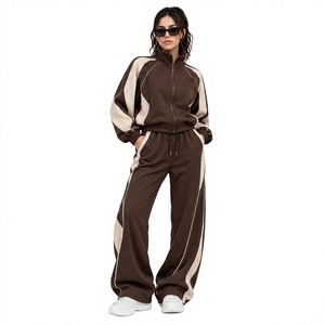 <b>Women</b>’s <b>Brown</b> Tracksuit Set Wholesale Custom Sportswear Two Piece Zip Up <b>Jacket</b> and Wide Leg Pants Athletic Tracksuits - Product Image 1