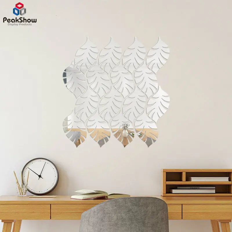 Peakshow Customized Acrylic Three-dimensional geometric tree leaf mirror 3D Wall Stickers DIY Home Decoration Stickers