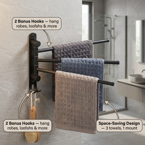 Porte-serviettes mural noir 60 cm à double barre avec crochets pour salle de bain, design minimaliste - Product Image 1