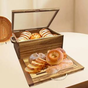 Wooden Bread Storage Box Rectangle Flip Top Lid With Handle <b>Kitchen</b> Bread Keeper - Product Image 1
