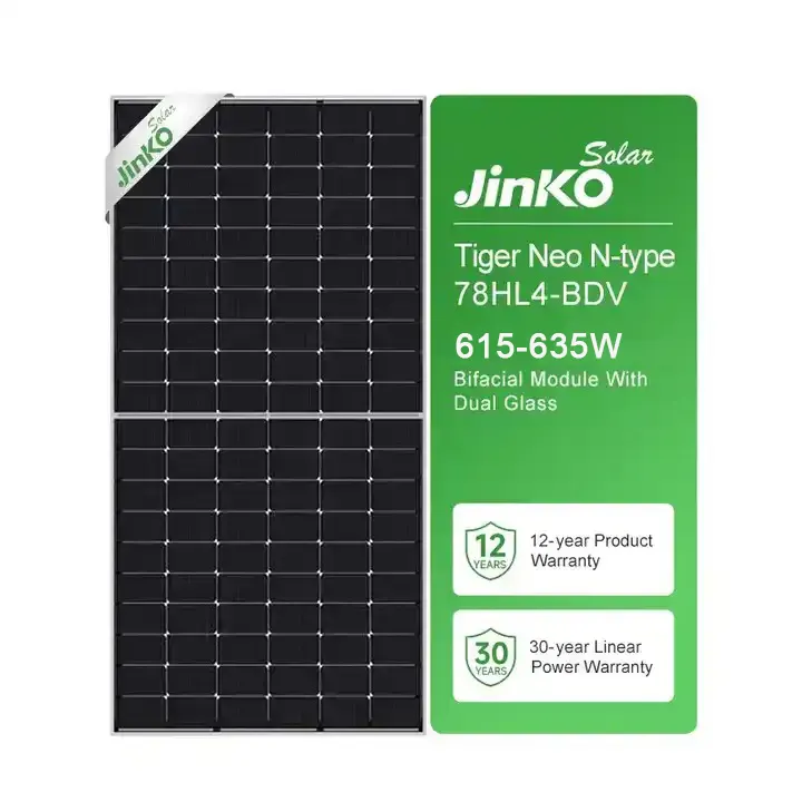 Paneles solares comerciales de alta calidad JinKO Tiger Neo 635W tipo N, módulo fotovoltaico de vidrio dual bifacial de media celda de 635 vatios
