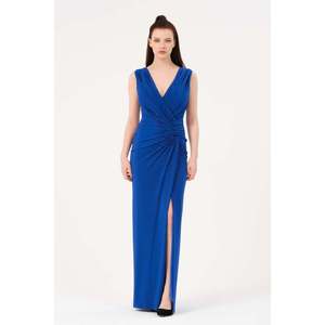 Haut décontracté élégant pour femme DANS, couleur unie bleue, coupe classique, manches standard, pour vente en gros, tailles 38-42 - Product Image 1