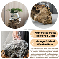Vase hydroponique transparent vintage en verre soufflé à la main avec base en bois de racine, aquarium pour plantes aquatiques, ornement de table