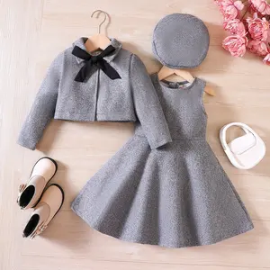 2023 Autumn Winter Children Clothes Long Sleeve Bow Wool Coat Sleeveless Dress Hat 3Pcs Kids Fashion Suit Clothing For Girls