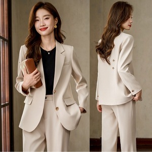 Women's Suit Set Off White Polyester Full Sleeve Anti-Wrinkle Office Lady Autumn Wear - Product Image 1