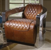 Canapé de style aviateur rétro haut de gamme avec structure en acier inoxydable brillant et cuir vintage pour salon et chambre à coucher