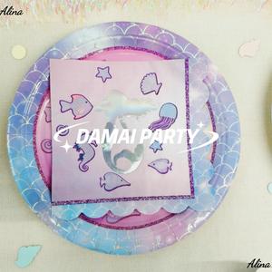 DAMAI filles fête d'anniversaire fournitures <span class=keywords><strong>violet</strong></span> sirène méduse <span class=keywords><strong>jetable</strong></span> fête vaisselle vaisselle gobelets en papier serviettes assiettes - Product Image 5