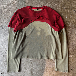 T-shirts à manches longues double couche en coton gaufré, coupe délavée, ourlet brut, effet vieilli, pour hommes - Product Image 2