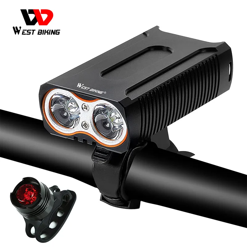 WEST BIKING ไฟหน้า + ไฟท้ายจักรยานฟรี,ไฟจักรยานกันน้ำได้สูงสุด2400LM ชาร์จ USB 2 T6 LED ปั่นจักรยาน