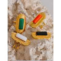 Bague ouverte géométrique carrée JINYOU 1513 en acier inoxydable avec pierres noires, rouges, blanches et vertes, ajustable, tendance, bijou doré