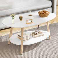 Table basse ovale à 2 niveaux avec pieds en bois massif, table à thé blanche avec rangement, meuble démontable sur mesure pour salon et intérieur.