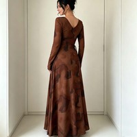 Robe longue élégante à manches longues pour femme, imprimé abstrait, taille nouée en maille, longueur ras du sol, robe de soirée pour dames, vente en gros
