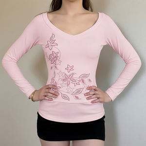 Camiseta de Punto con Estampado Floral Vintage Dulce y Fresco, Manga Larga, Cuello en V, Suave, para Uso Diario - Product Image 1