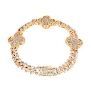 Joyería fina, trébol de cuatro hojas, pulsera de cadena de eslabones cubanos, circón de una sola fila con punta de oro/plata para mujer - Product Image 1