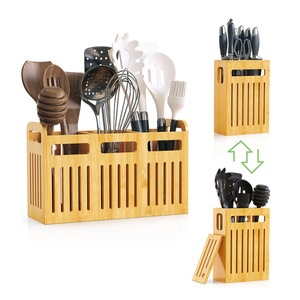 Boîte de rangement de cuisine en bambou avec séparateurs, organisateur multifonction pour ustensiles et couteaux, rangement de bureau 18L - Product Image 1