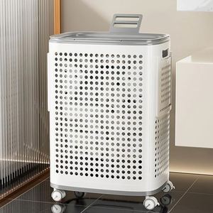 <b>Plastic</b> Laundry <b>Basket</b> with Lid and Wheels, Clothes Hamper with Side Compartments and Brakes, Portable Laundry Hamper on Wheels - Product Image 6