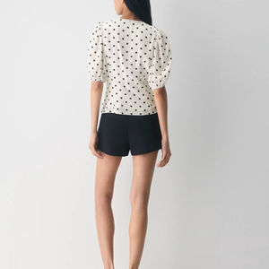 Blusa Elegante Blanca con Estampado de Lunares, Cuello en V, Manga Corta Abullonada, Cintura con Lazo, de Chifón, para Uso Casual y de Oficina - Product Image 5